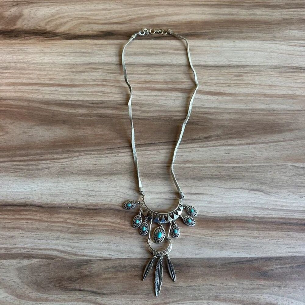 Lucky Brand Turquoise Feather Necklace Silver Tone Southwestern Boho Statement